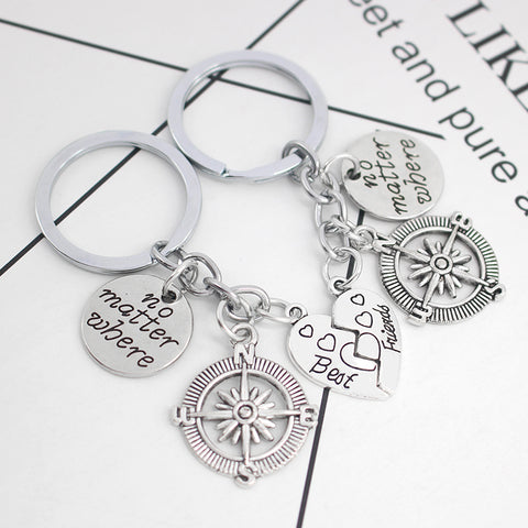 Compass and Broken Heart No Matter Where Engraved Keychains