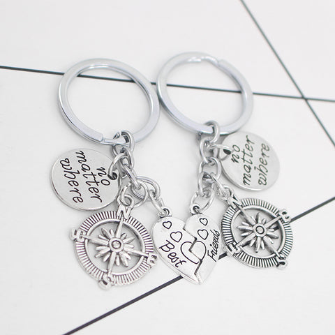 Compass and Broken Heart No Matter Where Engraved Keychains